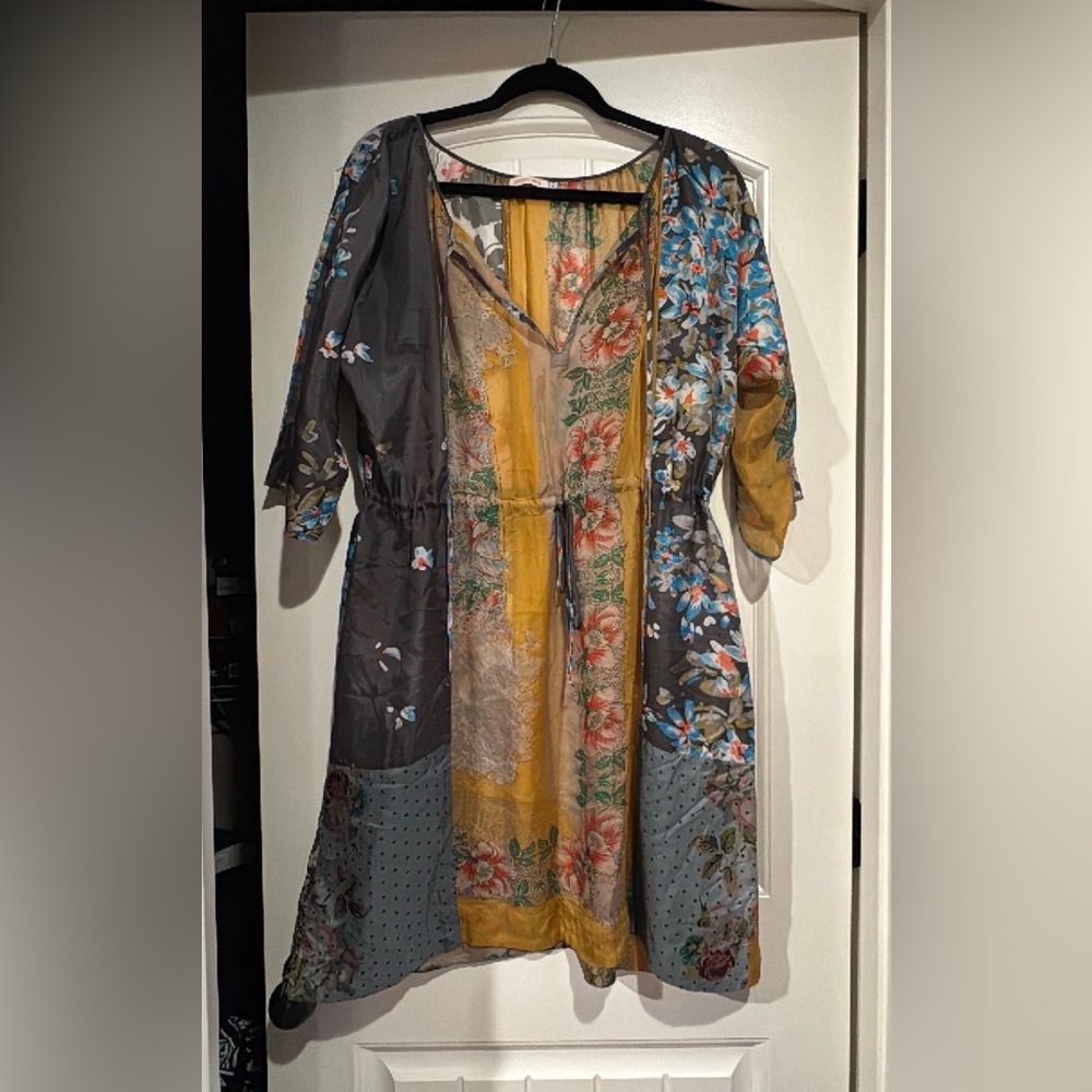 Johnny Was Floral Silk Patchwork Bohemian Farmhouse 1/2 Sleeve Sheer Dress  M